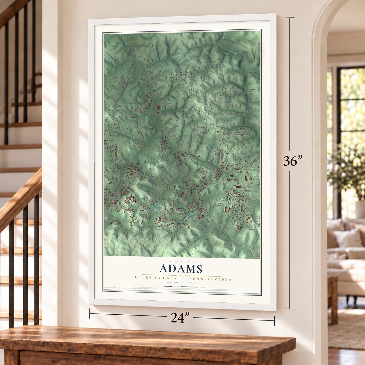 Adams, Butler County, Pennsylvania map, 24 x 36 inch print in a white frame by a staircase