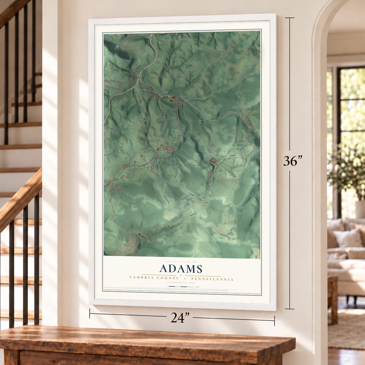 Adams, Cambria County, Pennsylvania map, 24 x 36 inch print in a white frame by a staircase