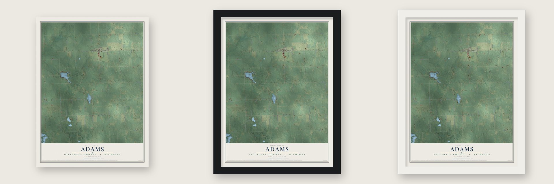 Adams, Hillsdale County, Michigan map unframed, in a black wood frame and in a white wood frame