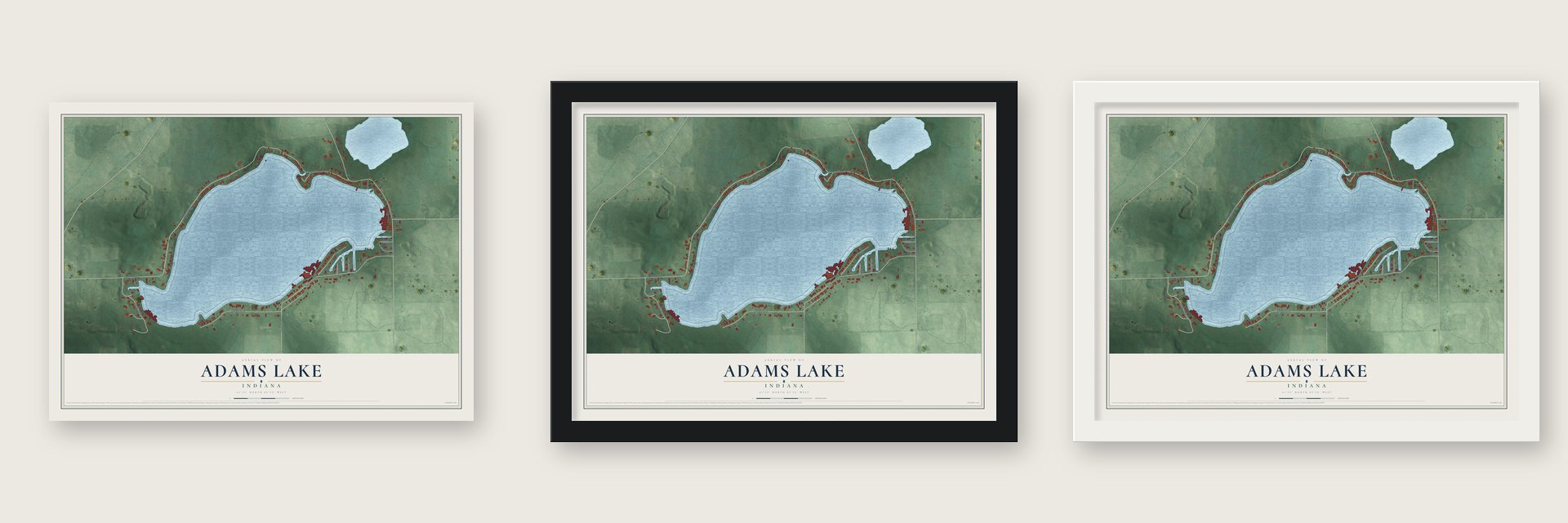 Adams Lake, Indiana map unframed, in a black wood frame and in a white wood frame