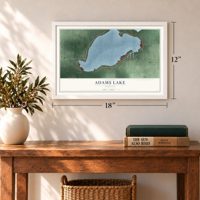 Adams Lake, Indiana map, 12 x 18 inch print in a white frame in an entryway
