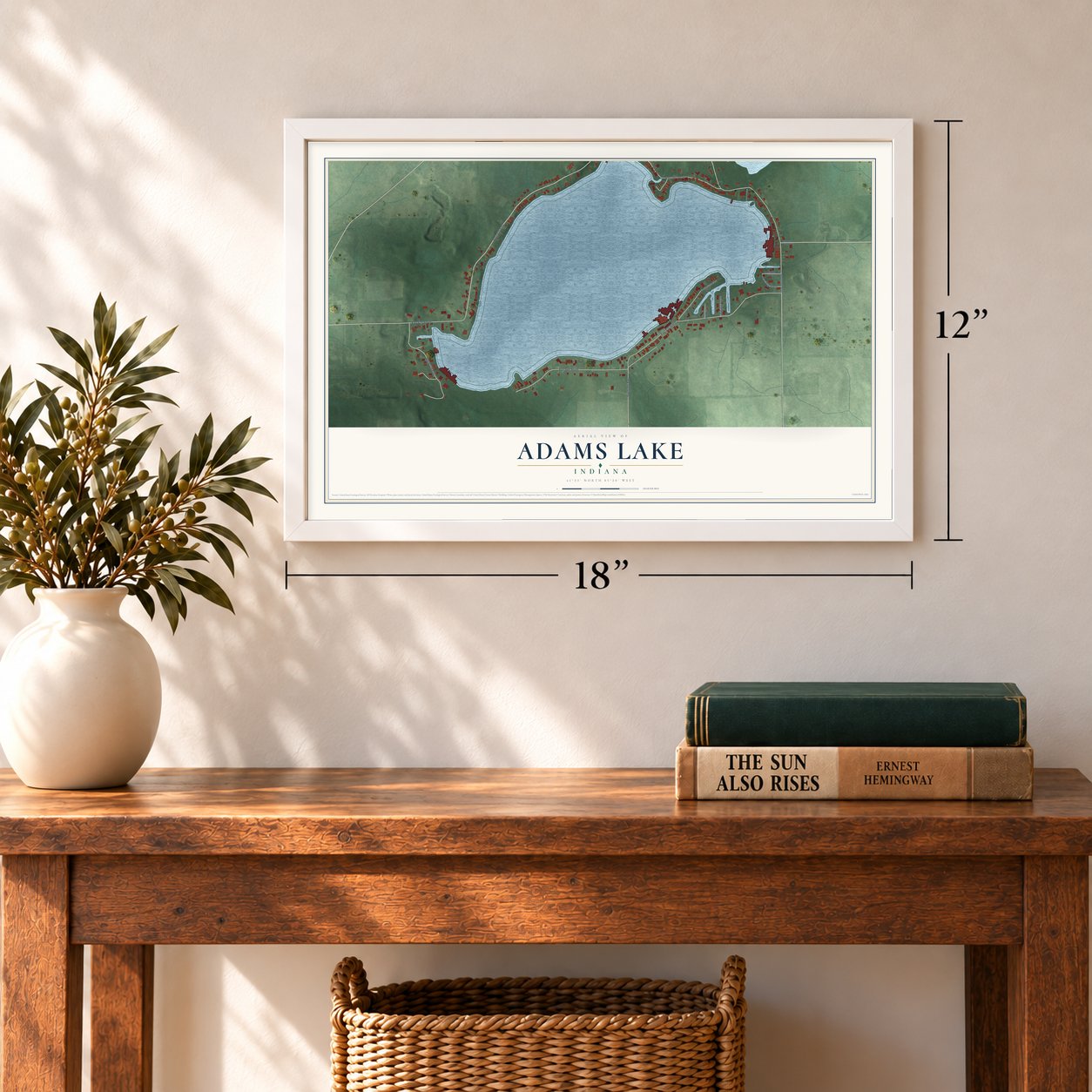 Adams Lake, Indiana map, 12 x 18 inch print in a white frame in an entryway