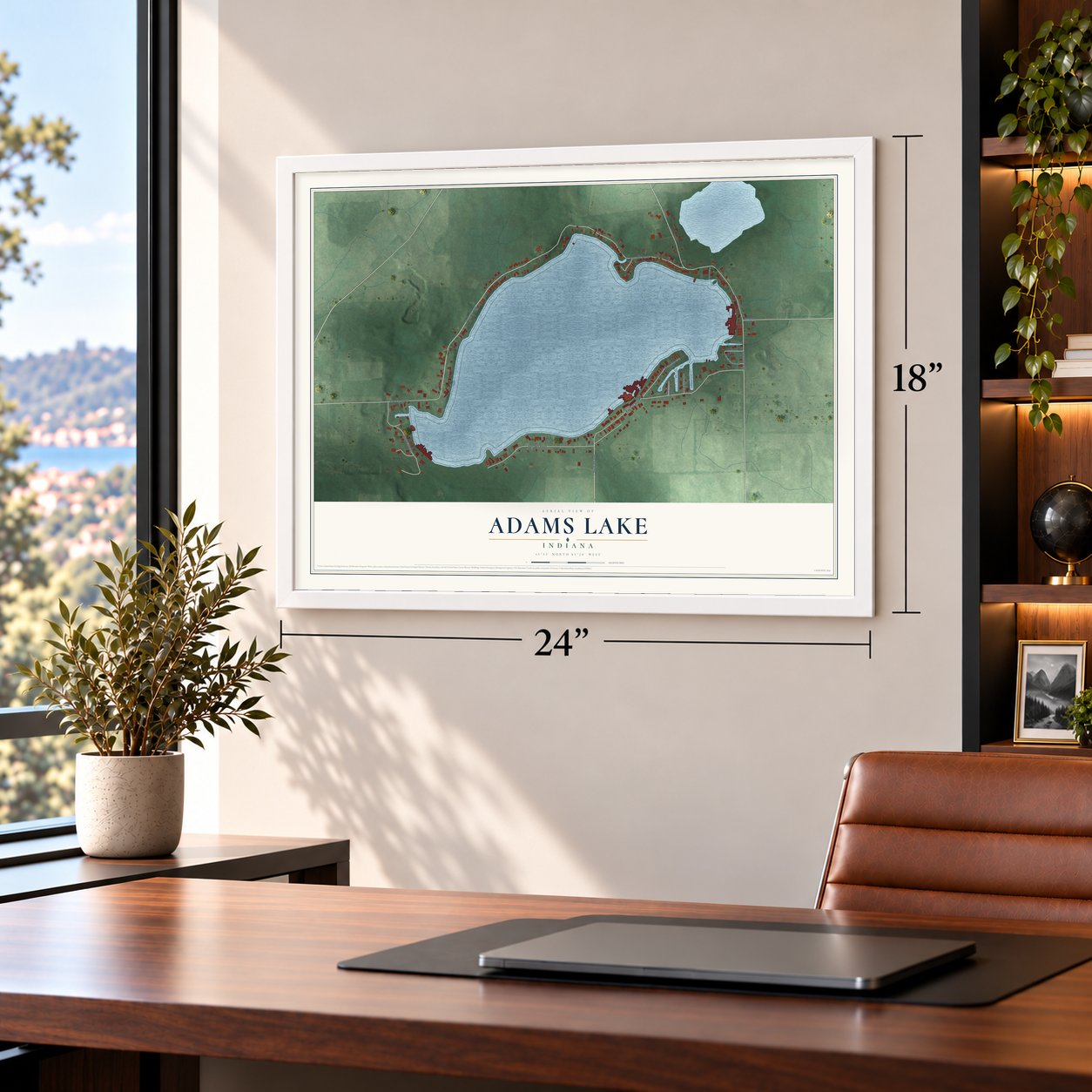 Adams Lake, Indiana map, 18 x 24 inch print in a white frame in a home office