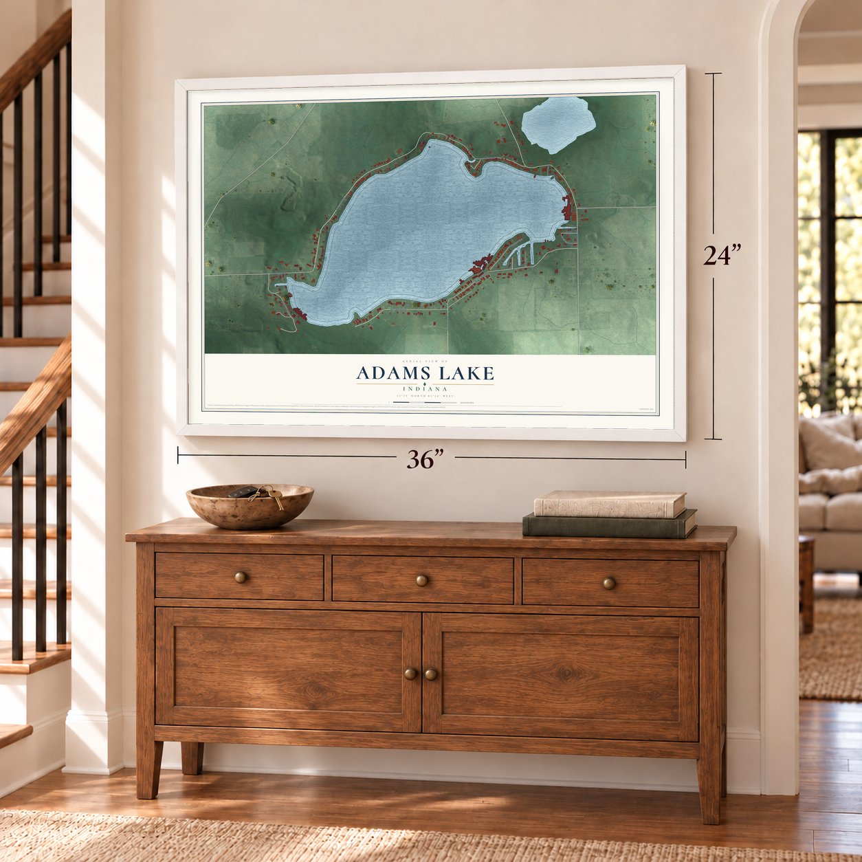 Adams Lake, Indiana map, 24 x 36 inch print in a white frame above a dresser by a staircase