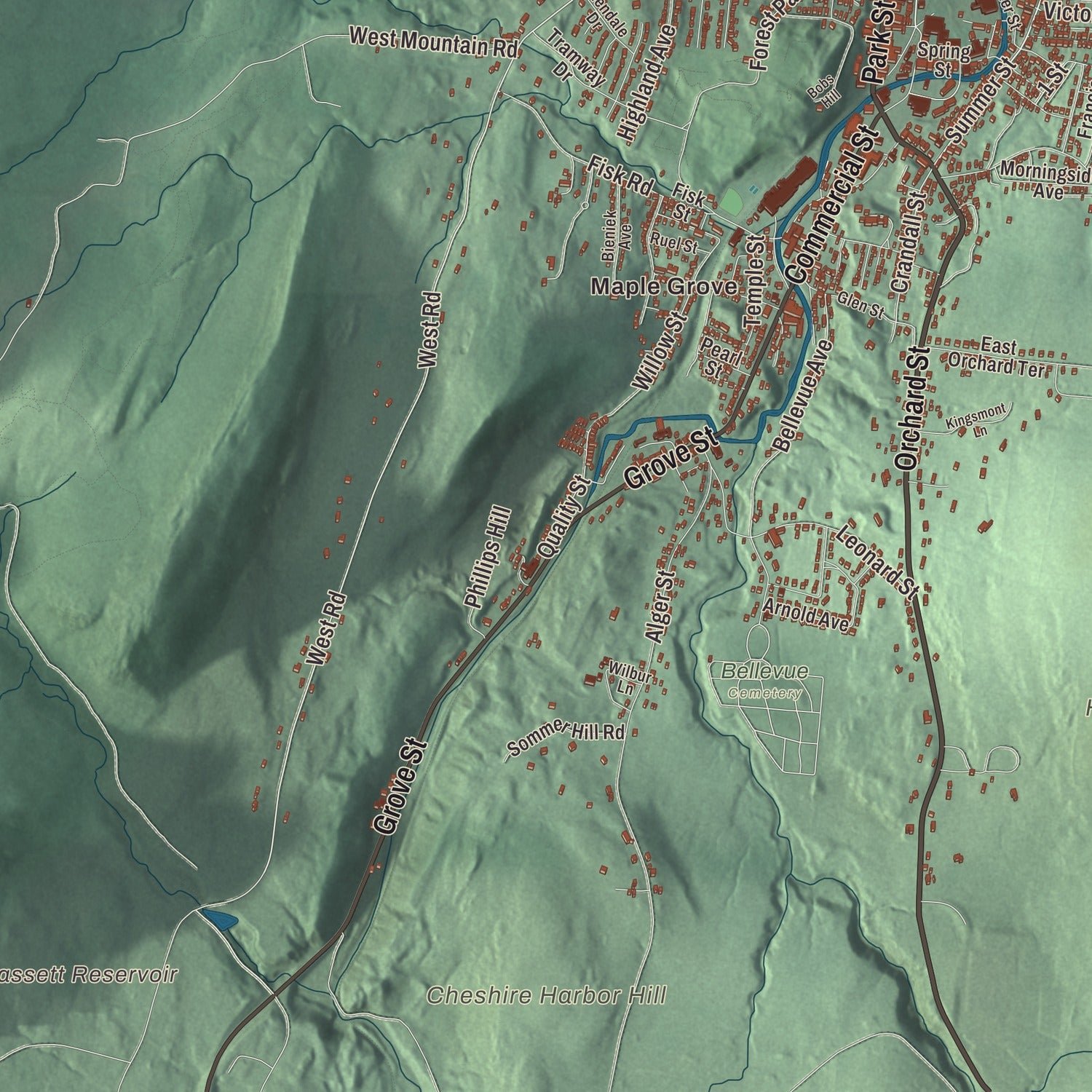Close-up of the map of Adams, Massachusetts print showing terrain and local geography