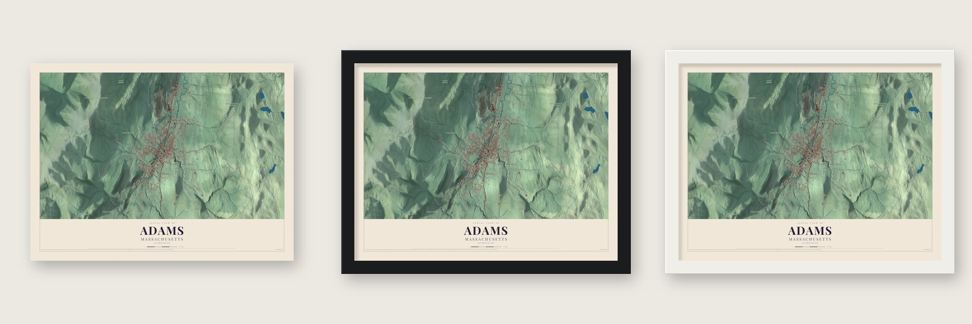 Adams, Massachusetts map unframed, in a black wood frame and in a white wood frame