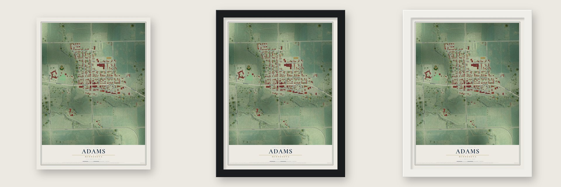 Adams, Minnesota map unframed, in a black wood frame and in a white wood frame