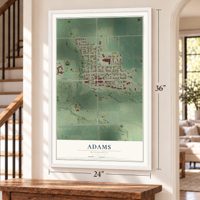 Adams, Minnesota map, 24 x 36 inch print in a white frame by a staircase