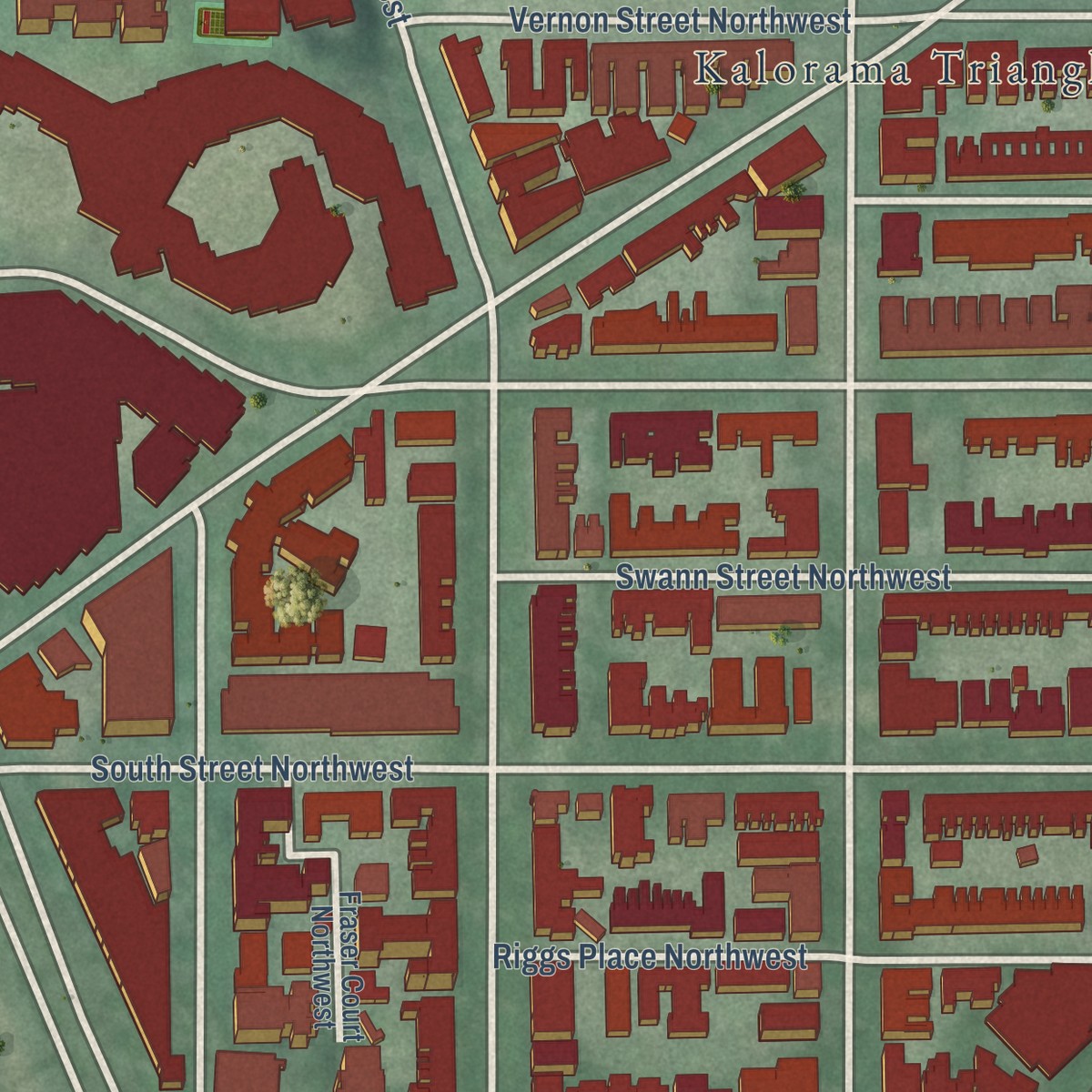 Second close-up of the map of Adams Morgan, District of Columbia print showing more streets and buildings