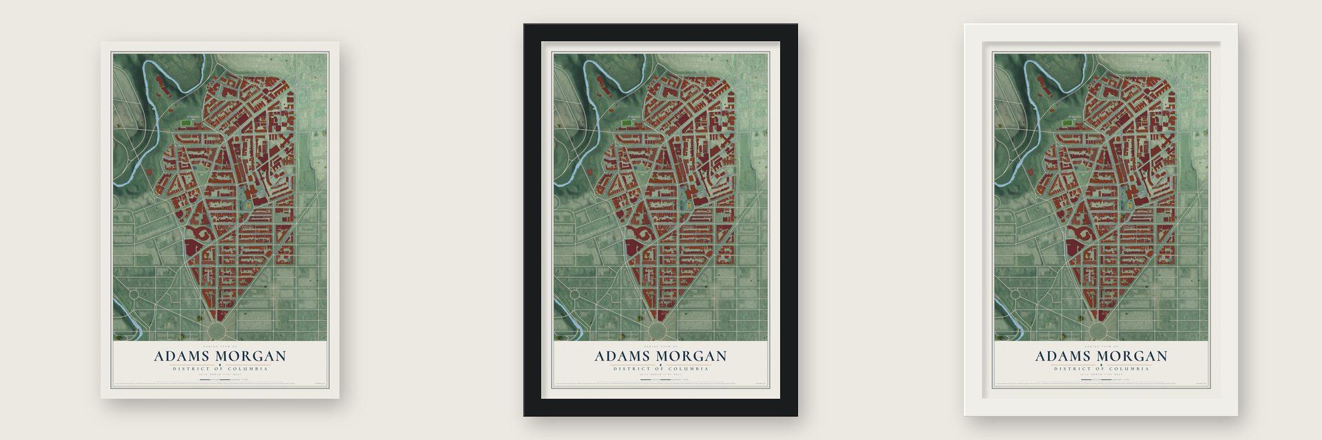 Adams Morgan, District of Columbia map unframed, in a black wood frame and in a white wood frame