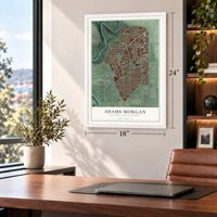 Adams Morgan, District of Columbia map, 18 x 24 inch print in a white frame in a home office