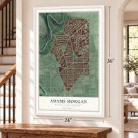 Adams Morgan, District of Columbia map, 24 x 36 inch print in a white frame by a staircase