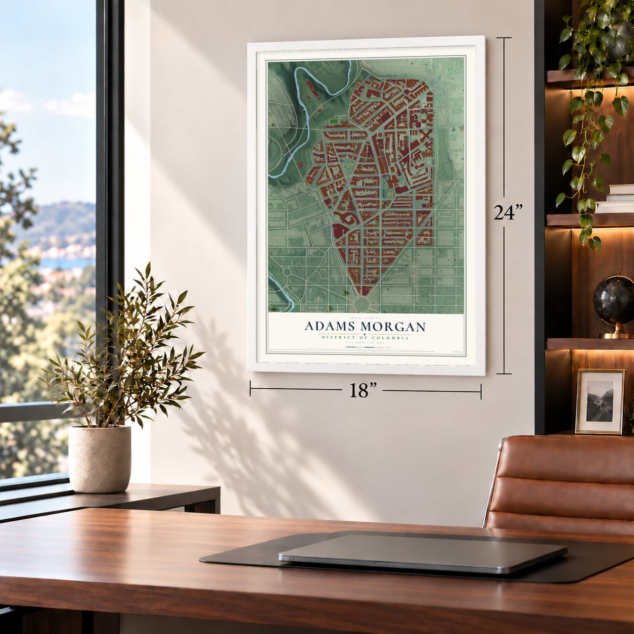 Adams Morgan, District of Columbia map, 18 x 24 inch print in a white frame in a home office
