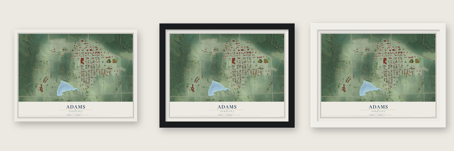 Adams, Nebraska map unframed, in a black wood frame and in a white wood frame
