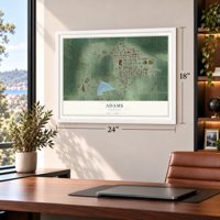 Adams, Nebraska map, 18 x 24 inch print in a white frame in a home office