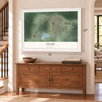 Adams, Nebraska map, 24 x 36 inch print in a white frame above a dresser by a staircase