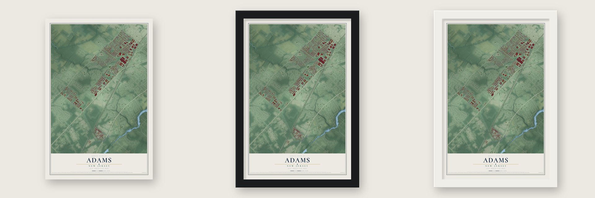 Adams, New Jersey map unframed, in a black wood frame and in a white wood frame