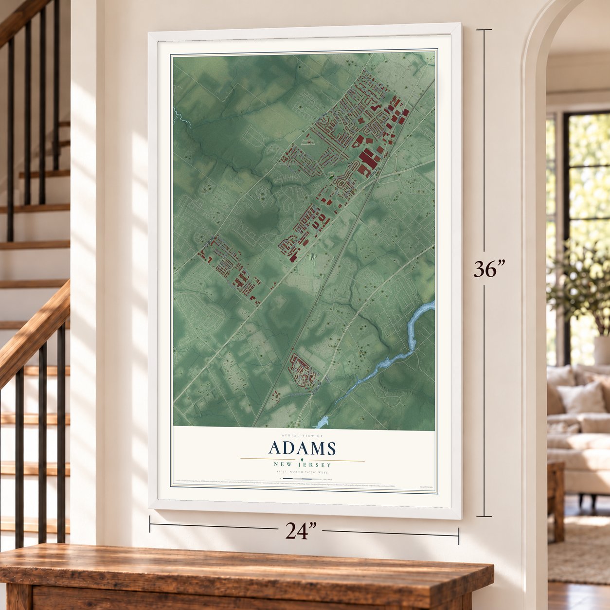 Adams, New Jersey map, 24 x 36 inch print in a white frame by a staircase