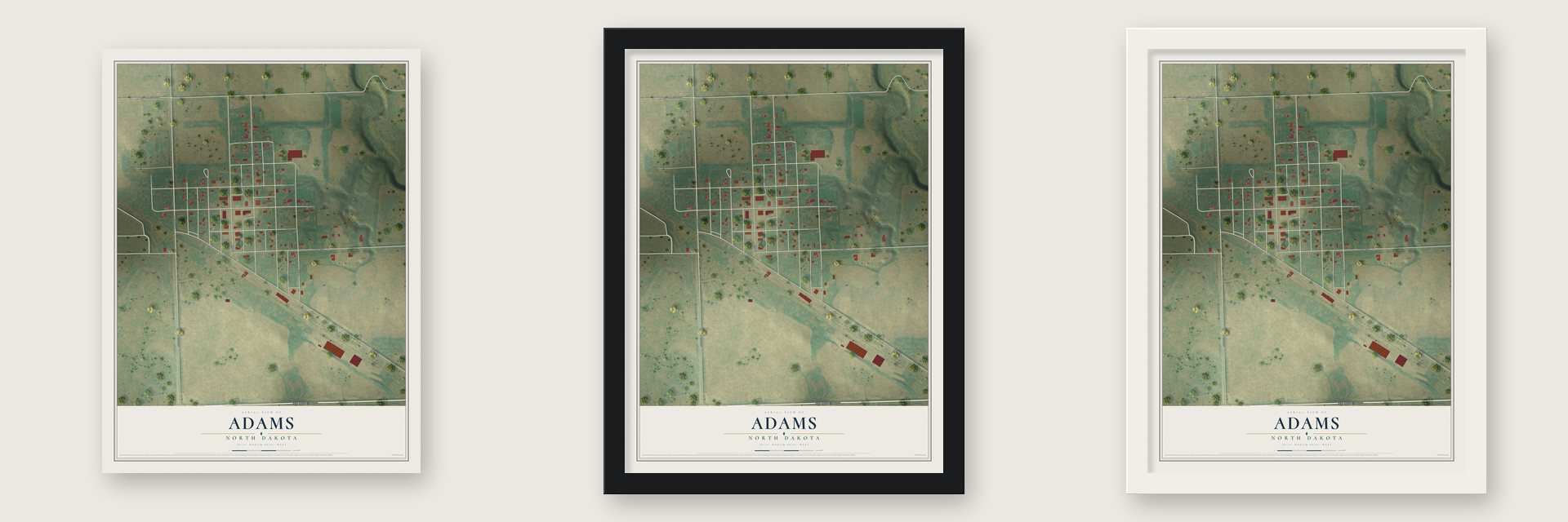 Adams, North Dakota map unframed, in a black wood frame and in a white wood frame