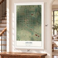 Adams, North Dakota map, 24 x 36 inch print in a white frame by a staircase