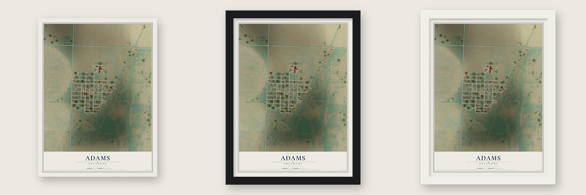 Adams, Oklahoma map unframed, in a black wood frame and in a white wood frame