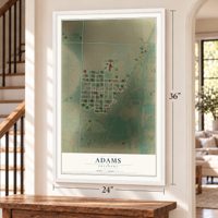 Adams, Oklahoma map, 24 x 36 inch print in a white frame by a staircase