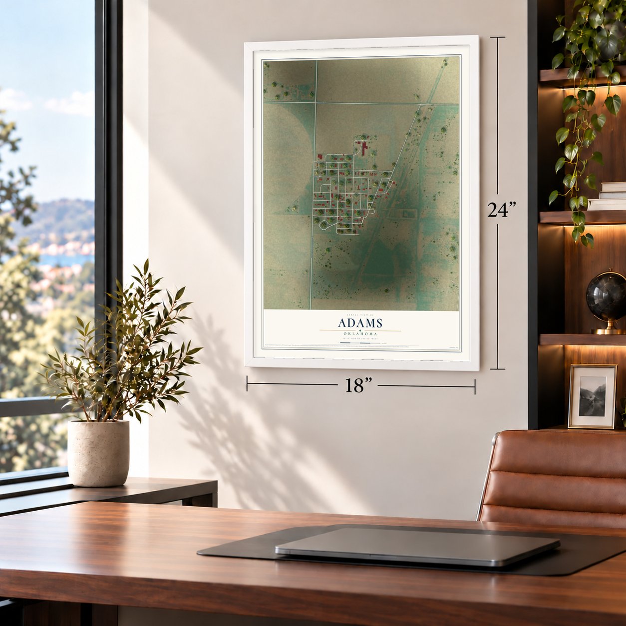 Adams, Oklahoma map, 18 x 24 inch print in a white frame in a home office