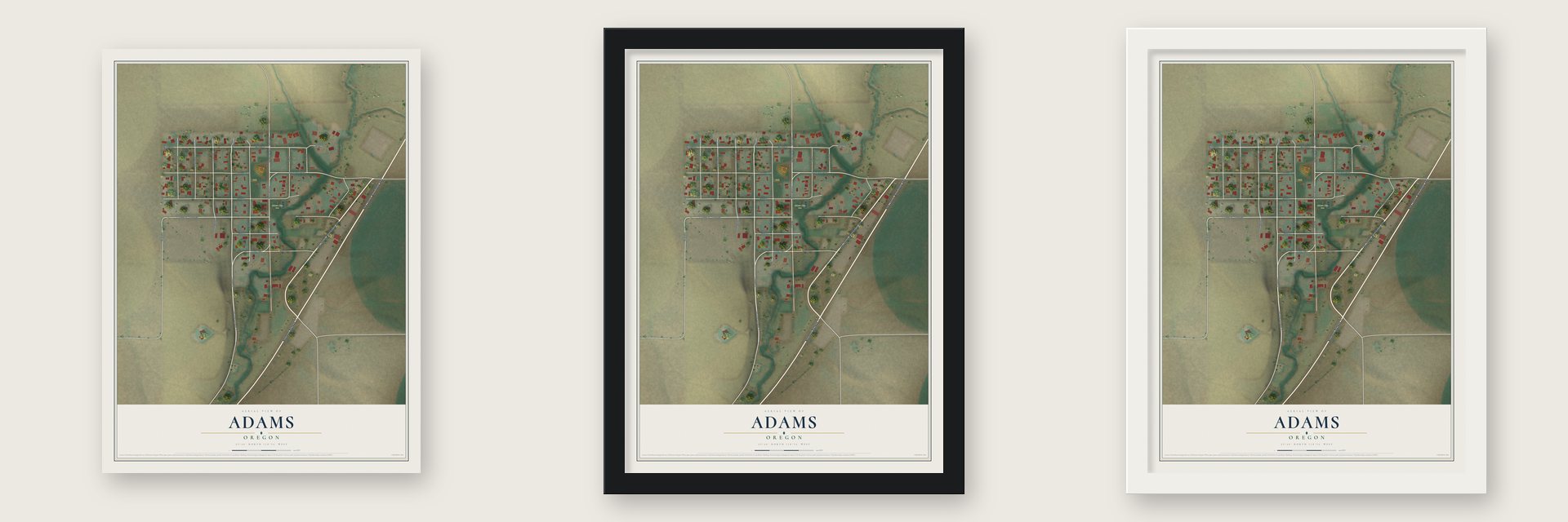 Adams, Oregon map unframed, in a black wood frame and in a white wood frame