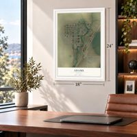 Adams, Oregon map, 18 x 24 inch print in a white frame in a home office