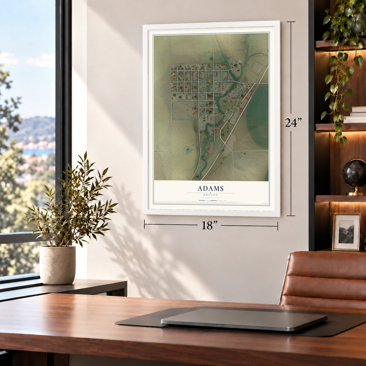 Adams, Oregon map, 18 x 24 inch print in a white frame in a home office