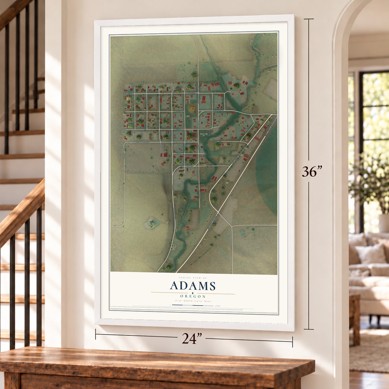 Adams, Oregon map, 24 x 36 inch print in a white frame by a staircase