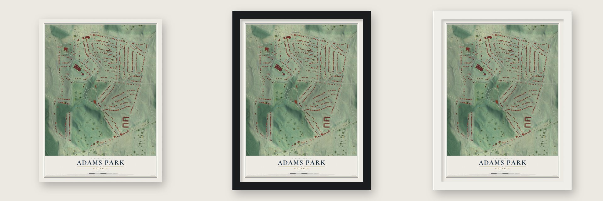 Adams Park, Georgia map unframed, in a black wood frame and in a white wood frame