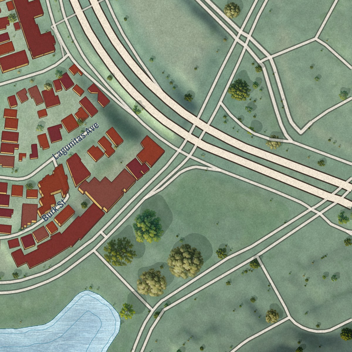 Second close-up of the map of Adams Point, California print showing more streets and buildings