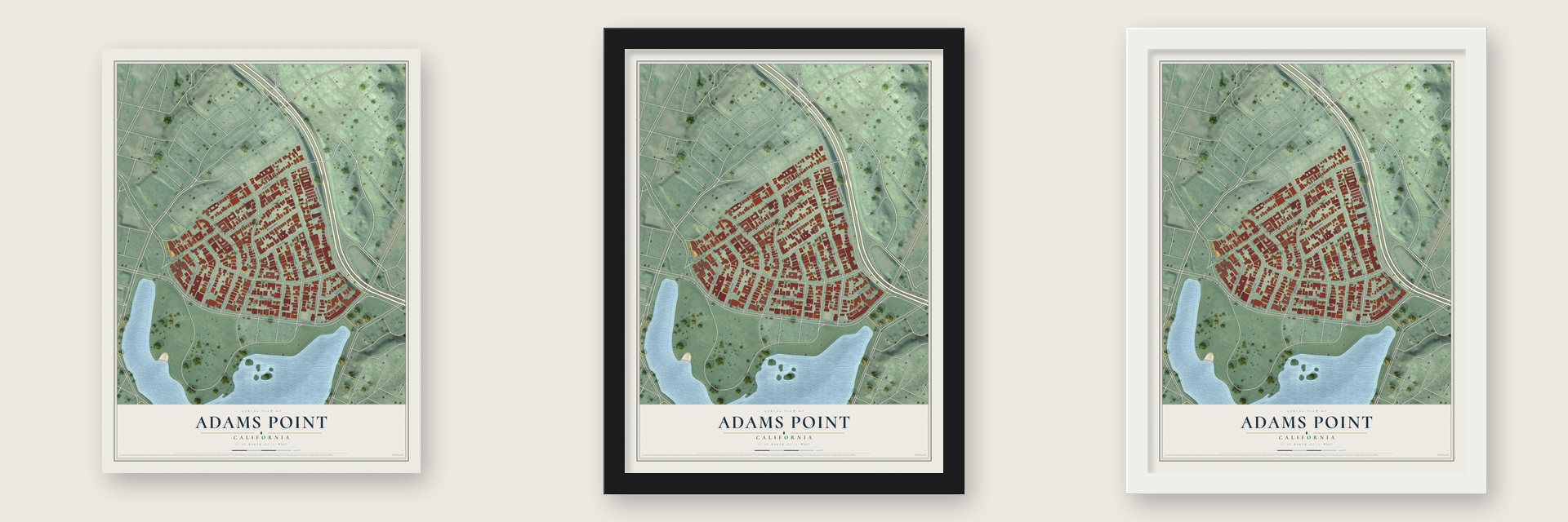 Adams Point, California map unframed, in a black wood frame and in a white wood frame