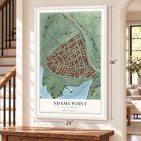 Adams Point, California map, 24 x 36 inch print in a white frame by a staircase