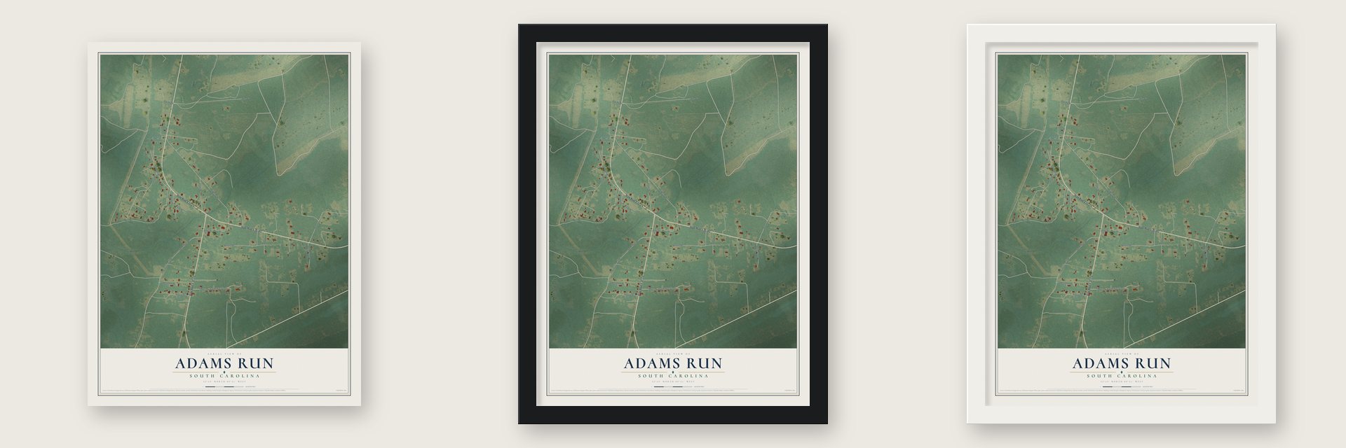 Adams Run, South Carolina map unframed, in a black wood frame and in a white wood frame