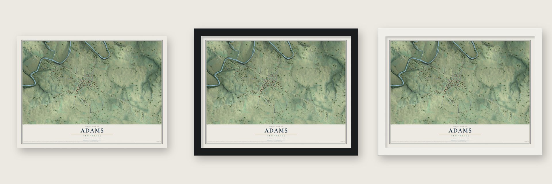 Adams, Tennessee map unframed, in a black wood frame and in a white wood frame