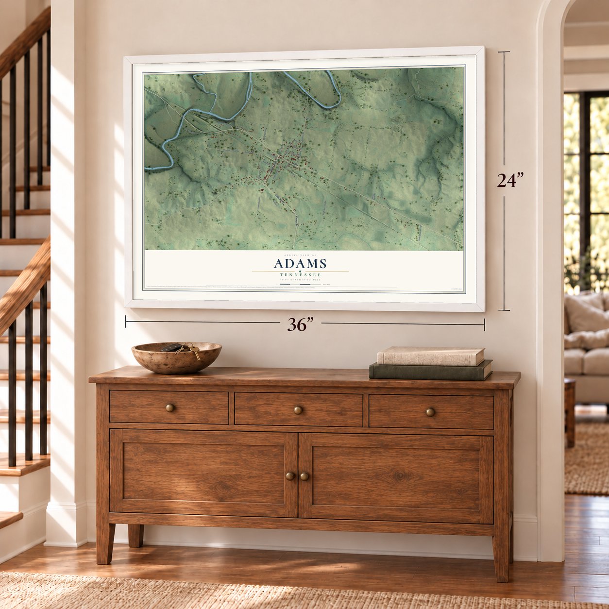 Adams, Tennessee map, 24 x 36 inch print in a white frame above a dresser by a staircase