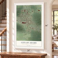 Adams, Wisconsin map, 24 x 36 inch print in a white frame by a staircase