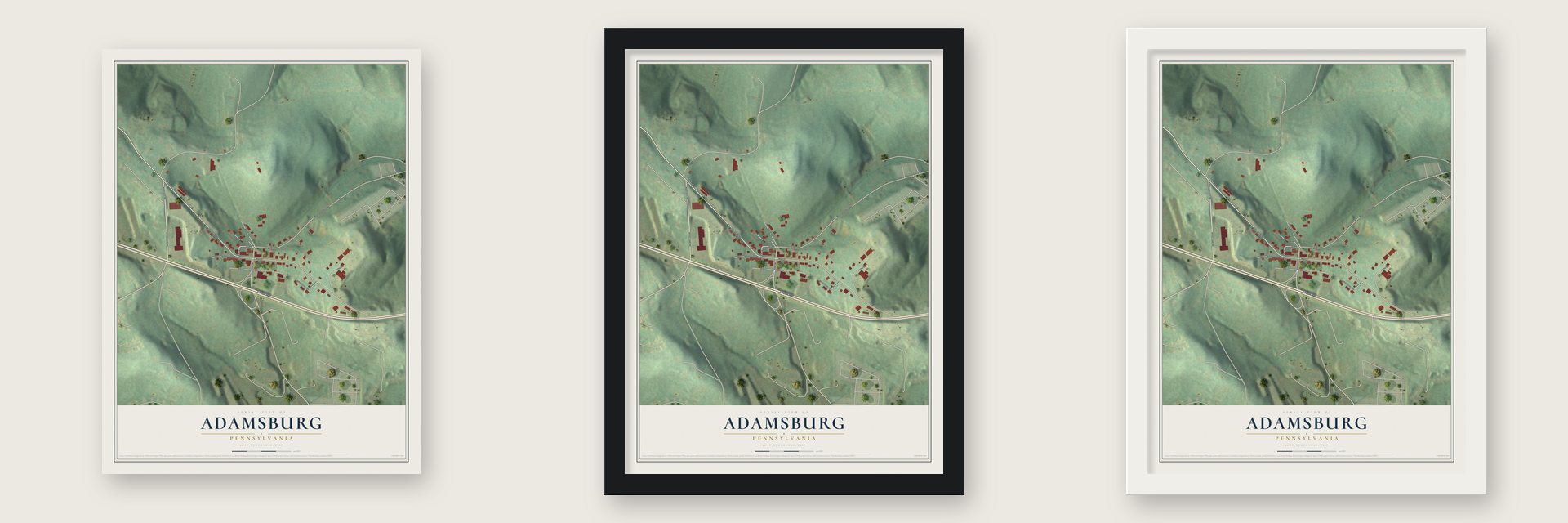 Adamsburg, Pennsylvania map unframed, in a black wood frame and in a white wood frame