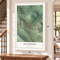 Adamsburg, Pennsylvania map, 24 x 36 inch print in a white frame by a staircase