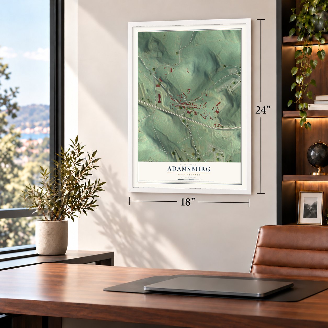 Adamsburg, Pennsylvania map, 18 x 24 inch print in a white frame in a home office