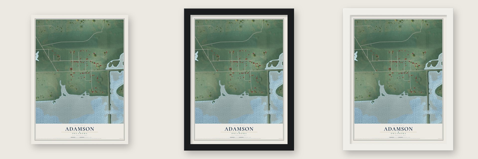 Adamson, Oklahoma map unframed, in a black wood frame and in a white wood frame