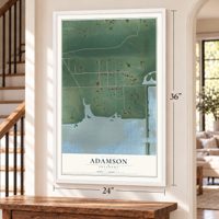 Adamson, Oklahoma map, 24 x 36 inch print in a white frame by a staircase