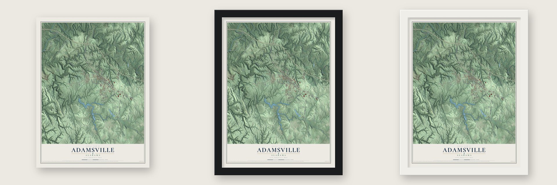 Adamsville, Alabama map unframed, in a black wood frame and in a white wood frame