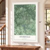 Adamsville, Alabama map, 24 x 36 inch print in a white frame by a staircase
