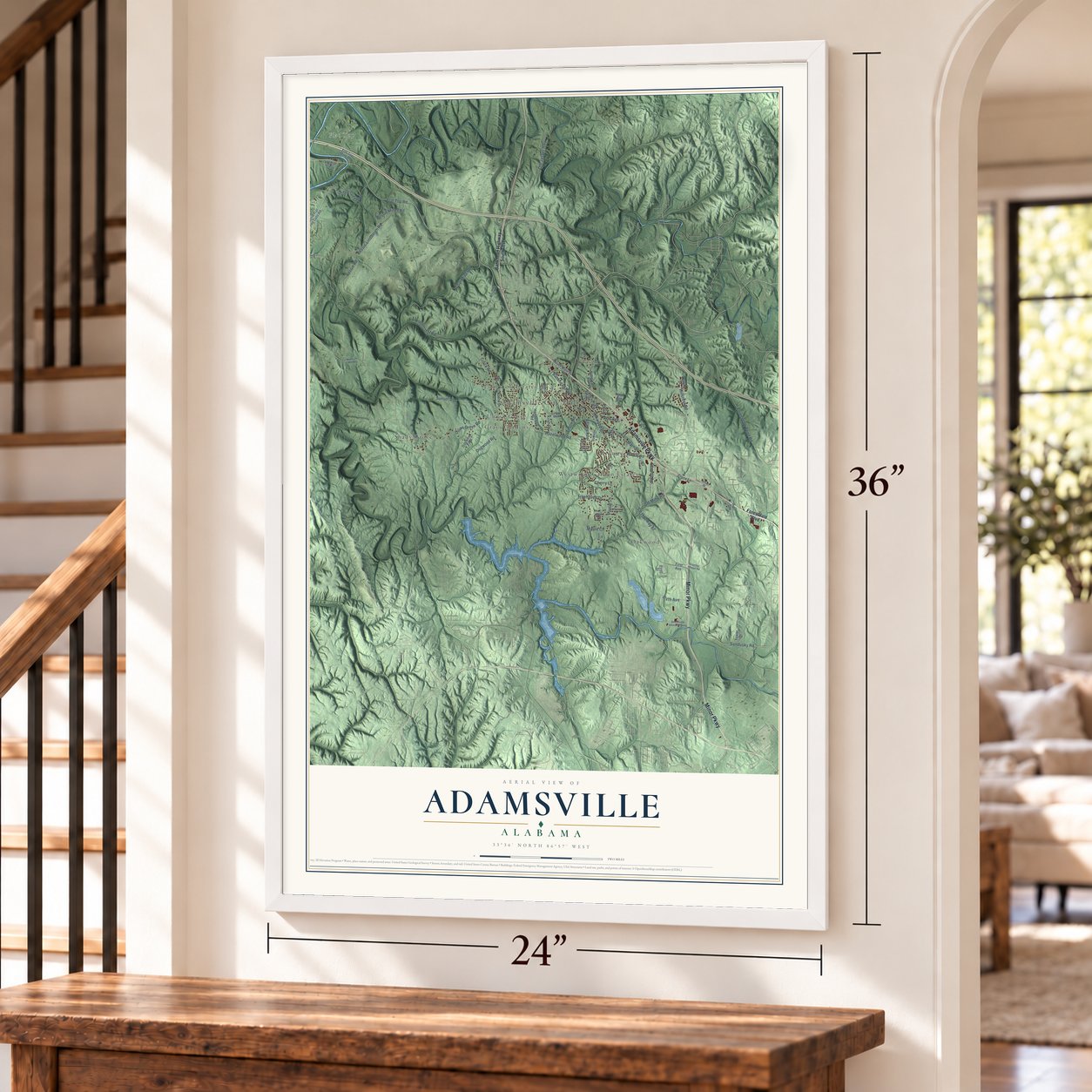 Adamsville, Alabama map, 24 x 36 inch print in a white frame by a staircase