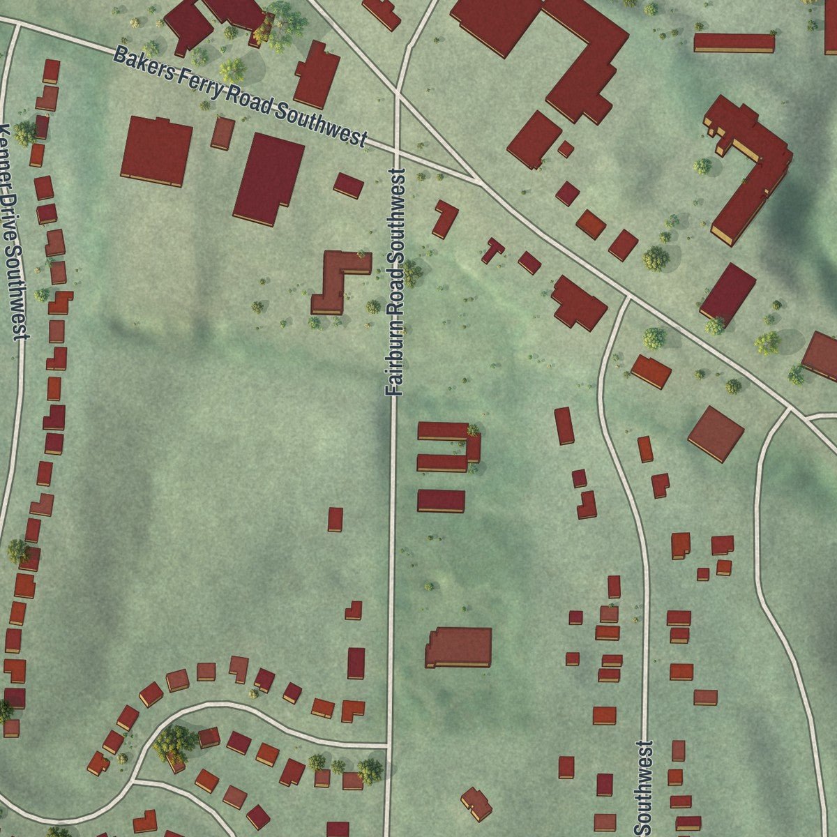 Second close-up of the map of Adamsville, Georgia print showing more streets and buildings