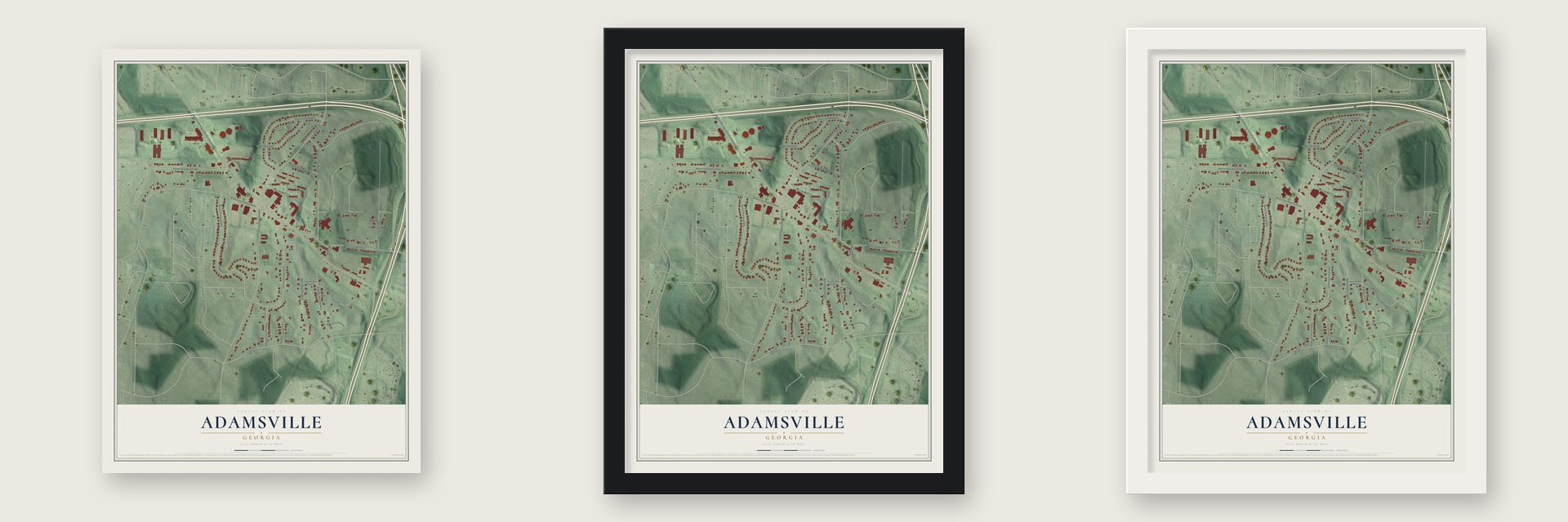 Adamsville, Georgia map unframed, in a black wood frame and in a white wood frame