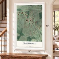 Adamsville, Georgia map, 24 x 36 inch print in a white frame by a staircase